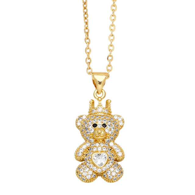Cute crown bear full diamond pendant necklace