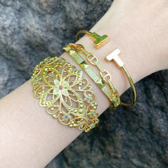 Classic hollow out flower gold plated copper cuff bangle
