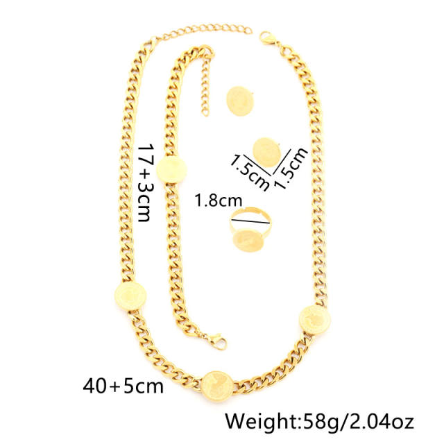 Classic portrait coin stainless steel cuban link chain necklace set