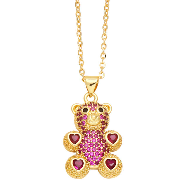 Cute hear bear colorful cubic zircon pave setting pendant necklace