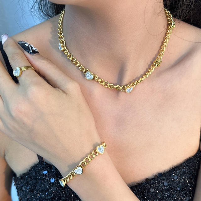 14K diamond heart stainless steel cuban link chain necklace set