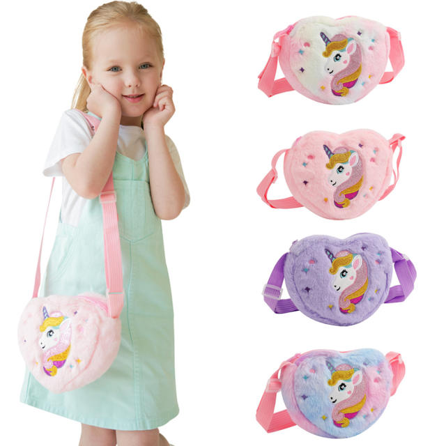 Winter fluffy heart shape unicorn crossbody bag for kids