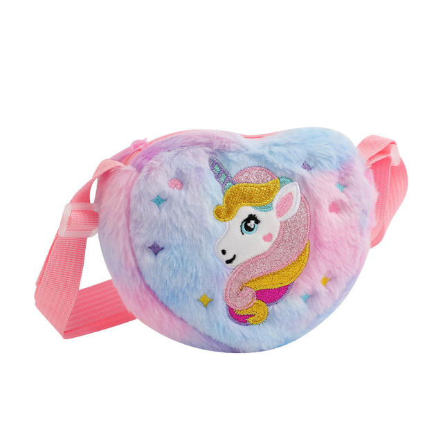 Winter fluffy heart shape unicorn crossbody bag for kids