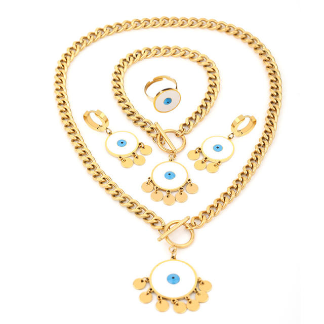 Classic evil eye cuban link chain stainless steel necklace set