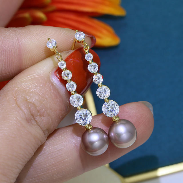 Elegant cubic zircon gray pearl dangle earrings