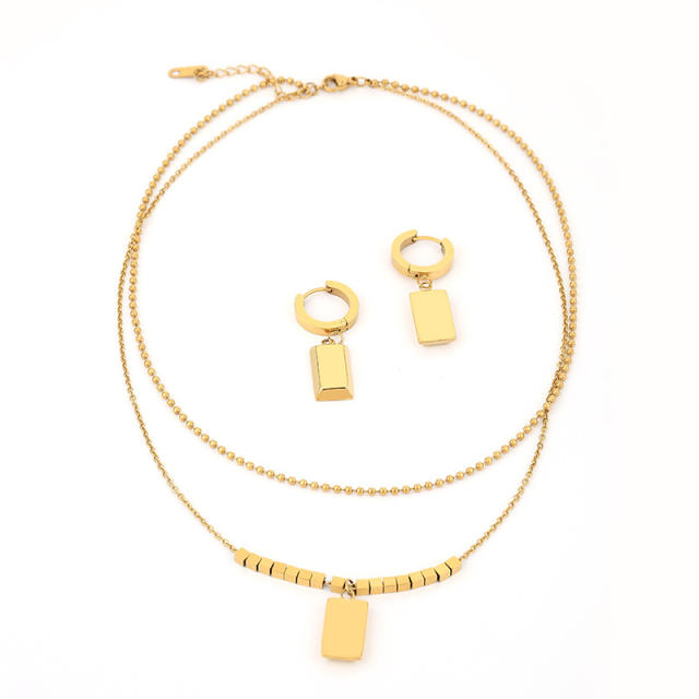14K geometric pendant two layer stainless steel necklace set