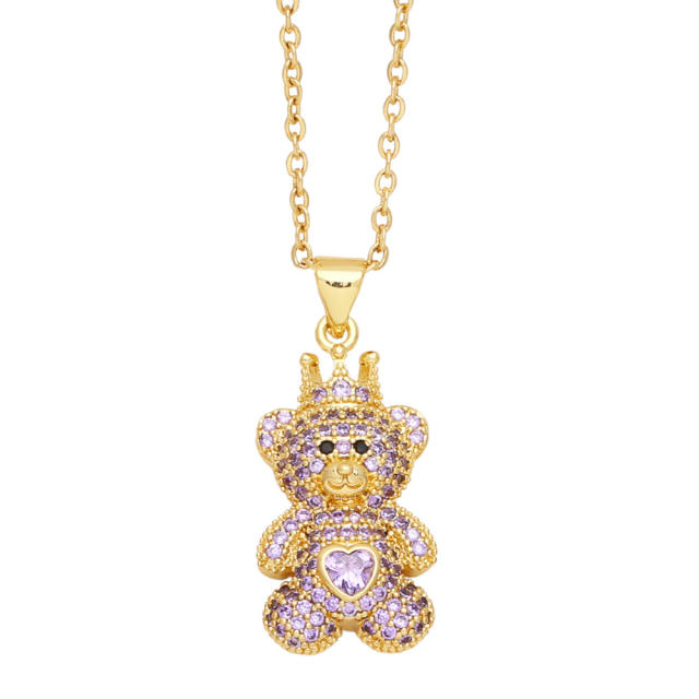 Cute crown bear full diamond pendant necklace