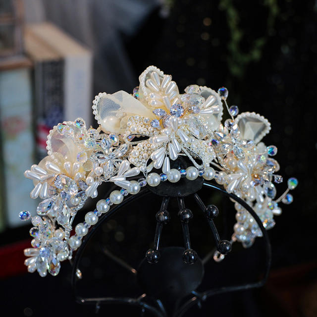 Luxury organza flower crystal bead pearl wedding hair crown