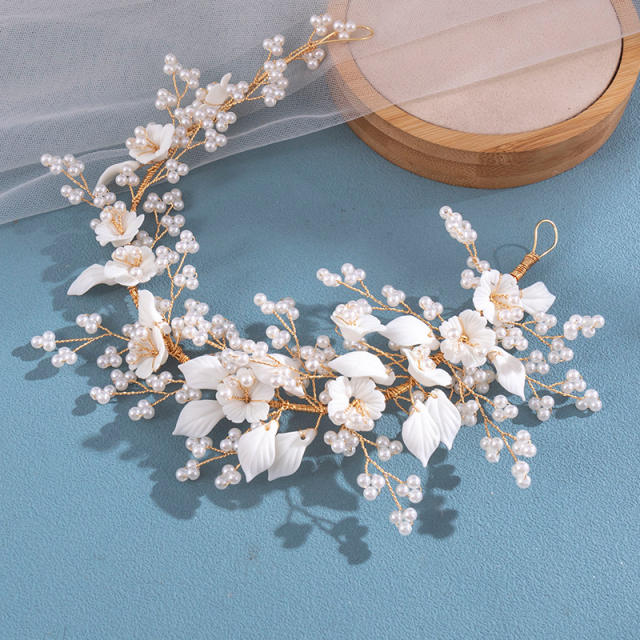 Handmade white ceramics flower pearl bead wedding hair pieces