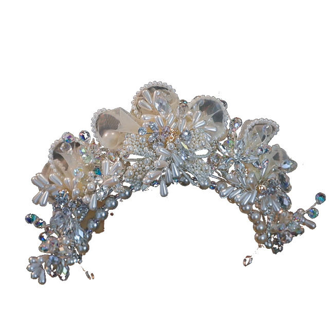 Luxury organza flower crystal bead pearl wedding hair crown