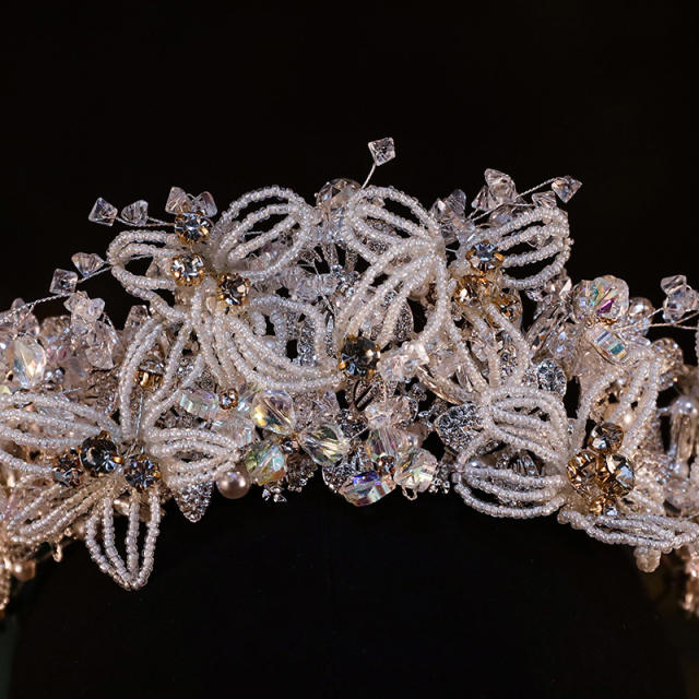 Luxury gold color handmade braid bead flower butterfly hair crown