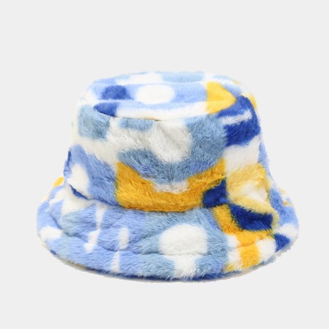 Occident fashion winter fluffy color painting pattern bucket hat