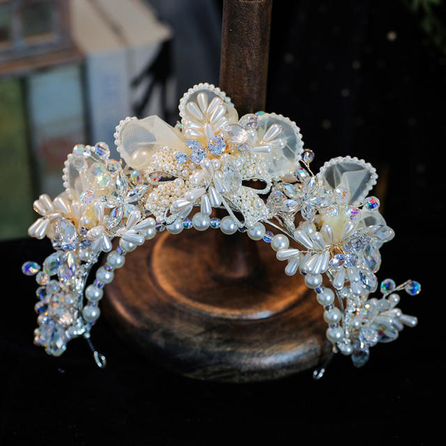 Luxury organza flower crystal bead pearl wedding hair crown