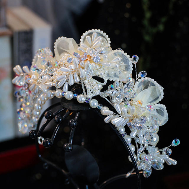 Luxury organza flower crystal bead pearl wedding hair crown