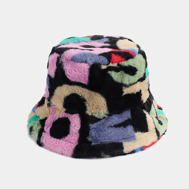 Occident fashion winter fluffy color painting pattern bucket hat