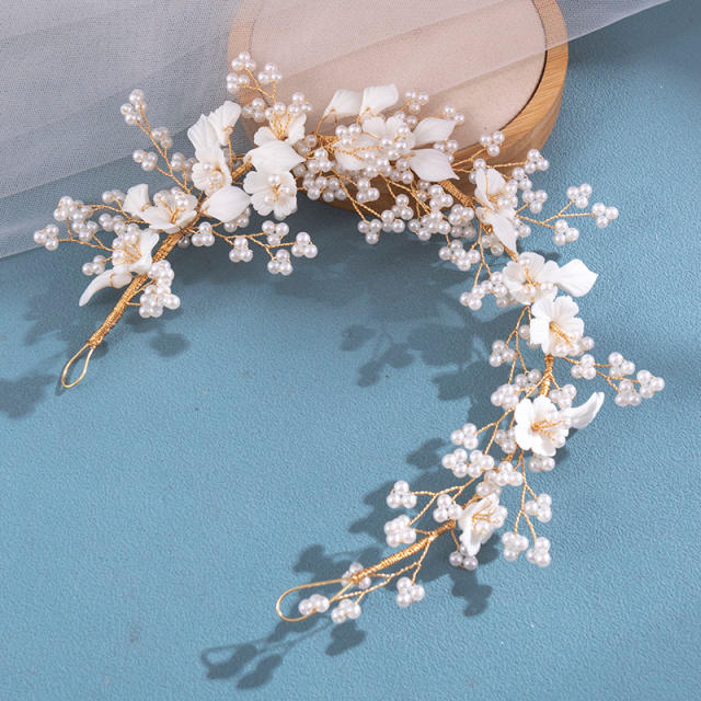 Handmade white ceramics flower pearl bead wedding hair pieces