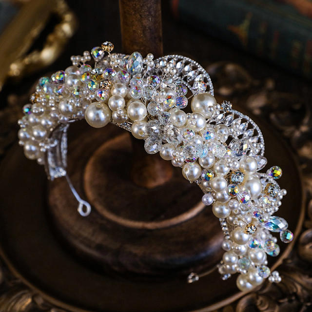 Luxury baroque pearl crystal stone shiny wedding hair crown