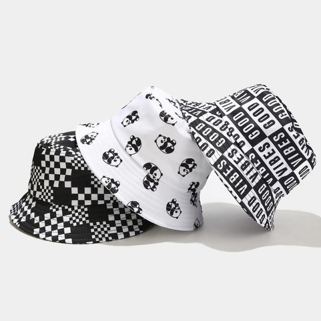 Personaity black white checkered graphic pattern bucket hat