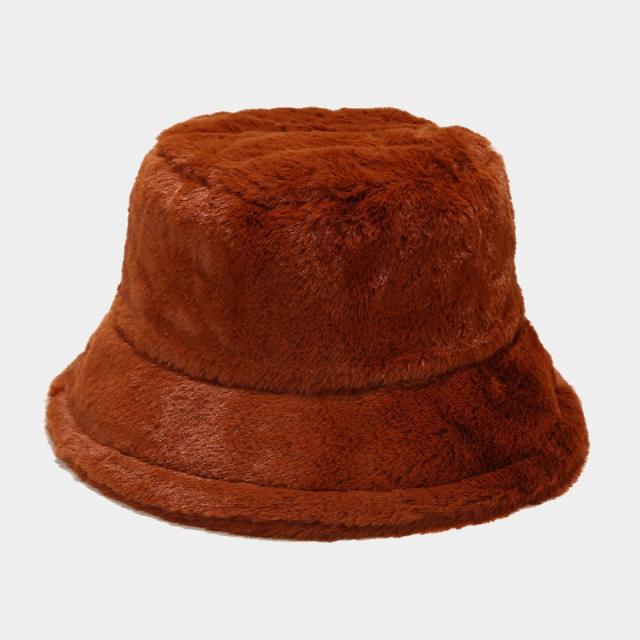 Hot sale winter plain color fur fluffy bucket hat