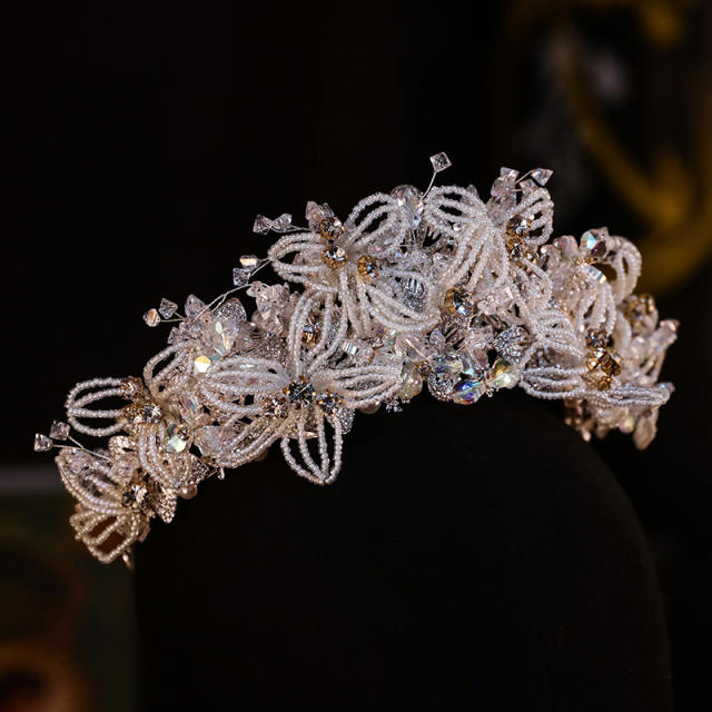 Luxury gold color handmade braid bead flower butterfly hair crown