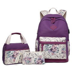 3PCS flower pattern canvas large storage school bag lunch bag pencil case set