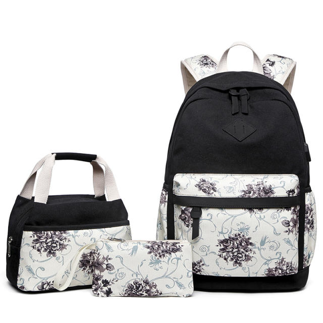 3PCS flower pattern canvas large storage school bag lunch bag pencil case set
