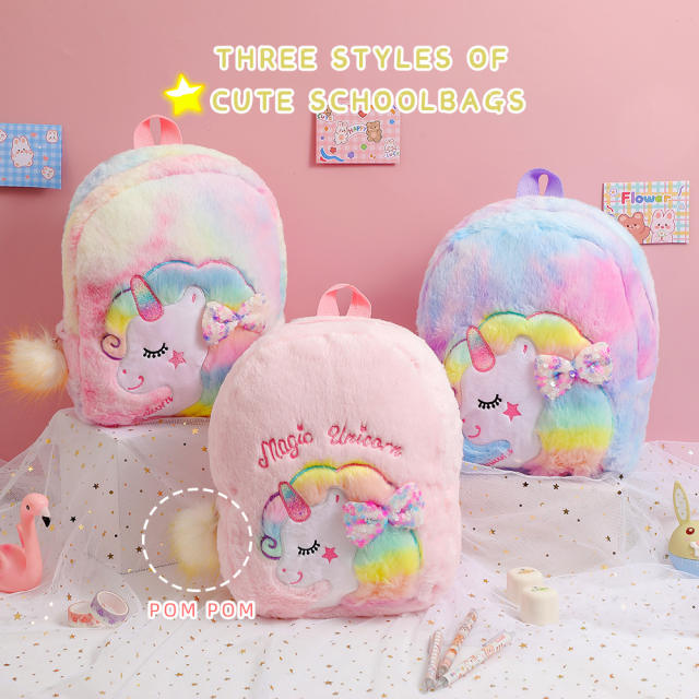 Cute cartoon rainbow unicorn fluffy backpack for kids