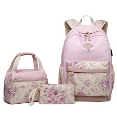 3PCS flower pattern canvas large storage school bag lunch bag pencil case set
