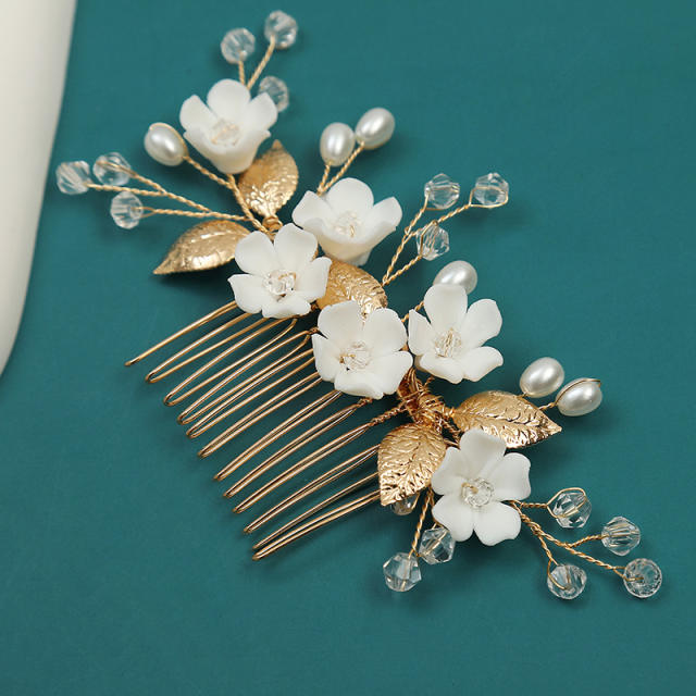 Boho gold color metal leaf white ceramic flower wedding hair combs