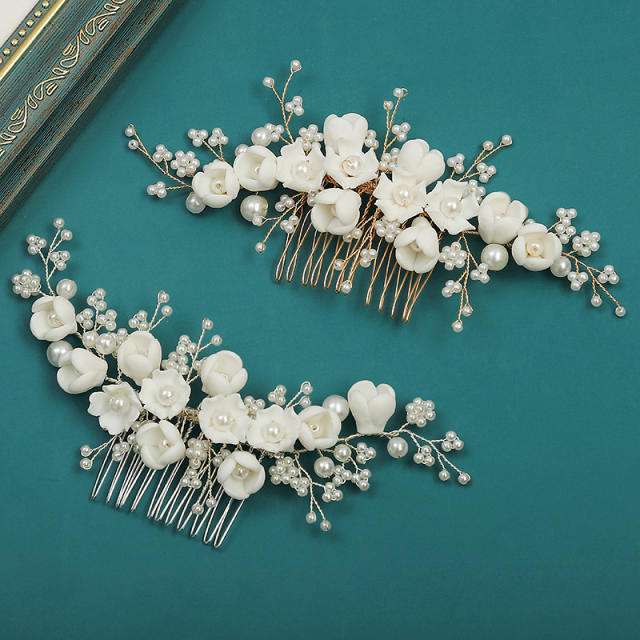 Pearl bead white ceramic flower handmade wedding hair combs