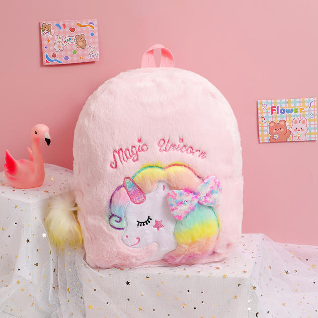 Cute cartoon rainbow unicorn fluffy backpack for kids