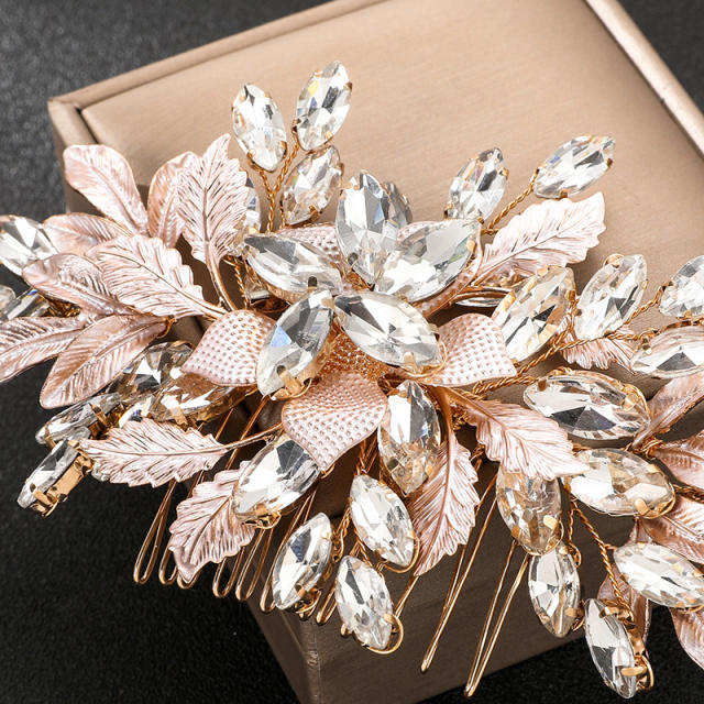 Handmade metal leaf crystal stone wedding hair combs