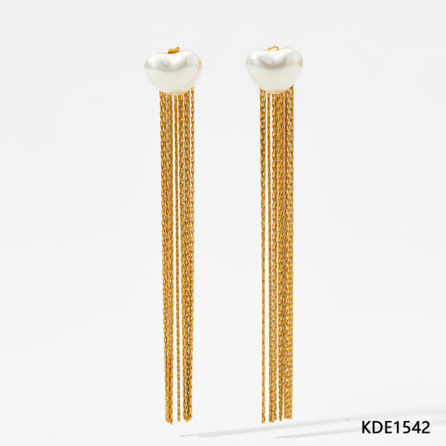 Elegant pearl chain tassel stainless steel earrings