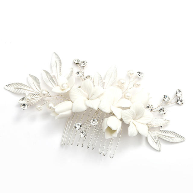 Delicate white ceramic flower handmade wedding hair combs