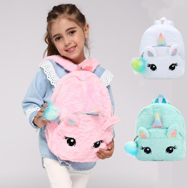 Cartoon plain color unicorn fluffy backpack for kids