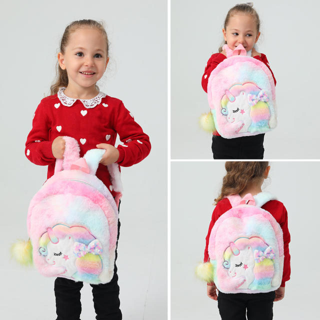 Cute cartoon rainbow unicorn fluffy backpack for kids