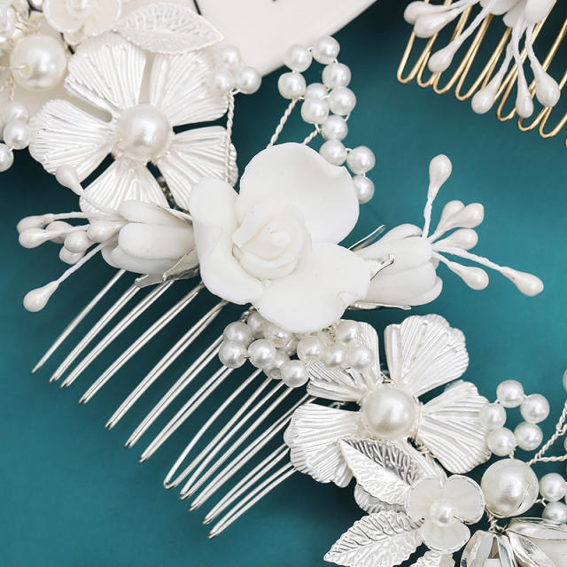 Handmade white ceramic flower pearl bead wedding hair combs