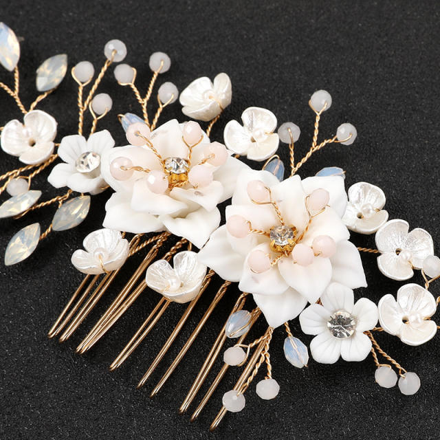 Delicate white ceramic handmade flower wedding hair combs