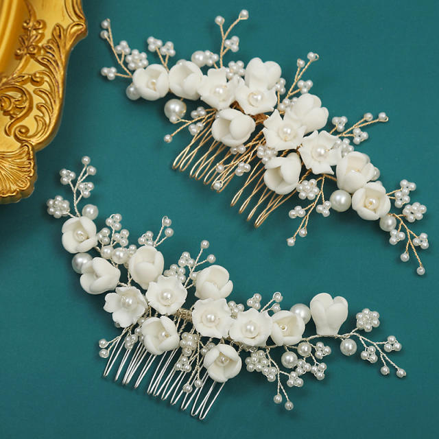 Pearl bead white ceramic flower handmade wedding hair combs