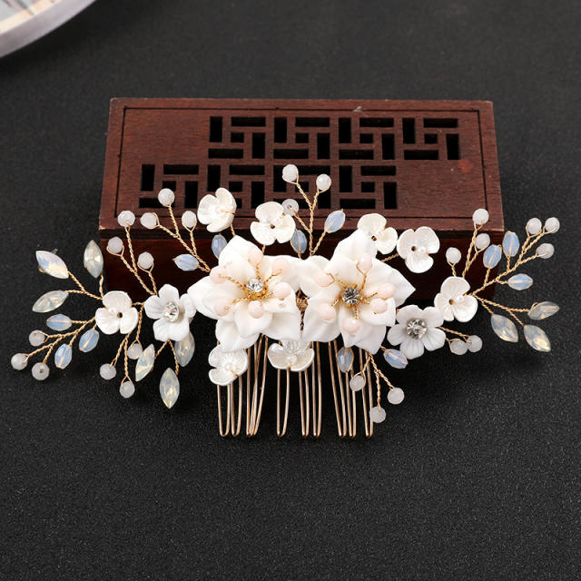 Delicate white ceramic handmade flower wedding hair combs