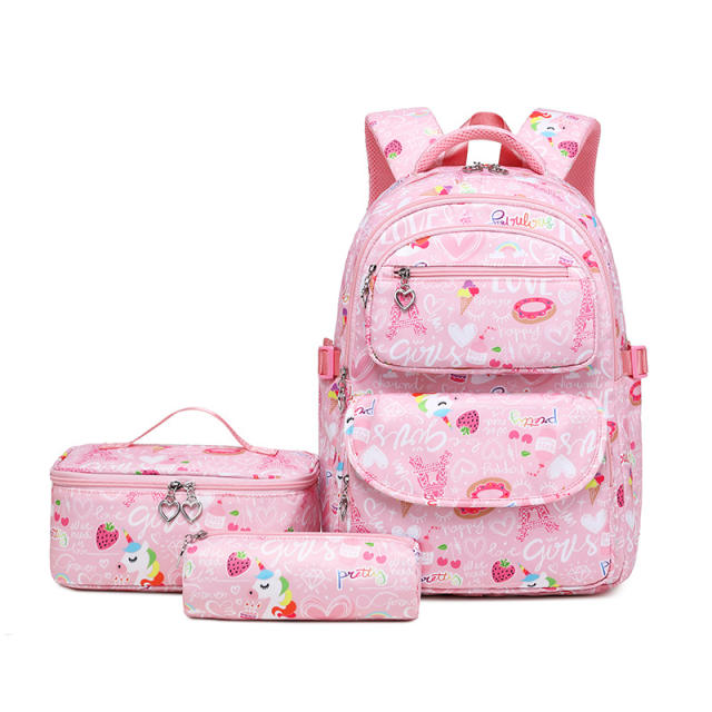 Pink color unicorn pattern school bag lunch bag pencil case set