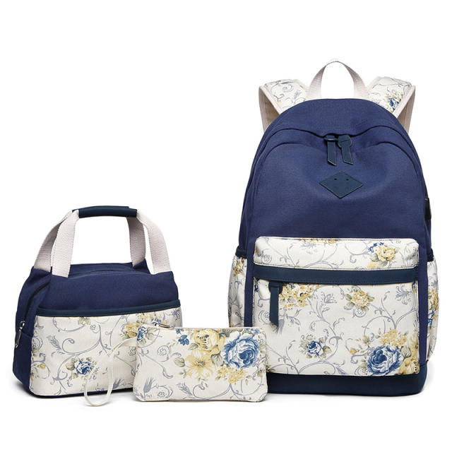 3PCS flower pattern canvas large storage school bag lunch bag pencil case set