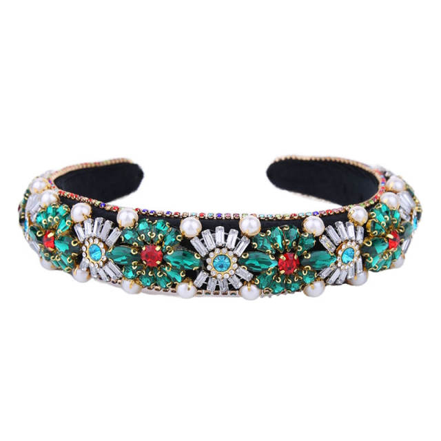 Baroque color glass crystal statement flower padded headband