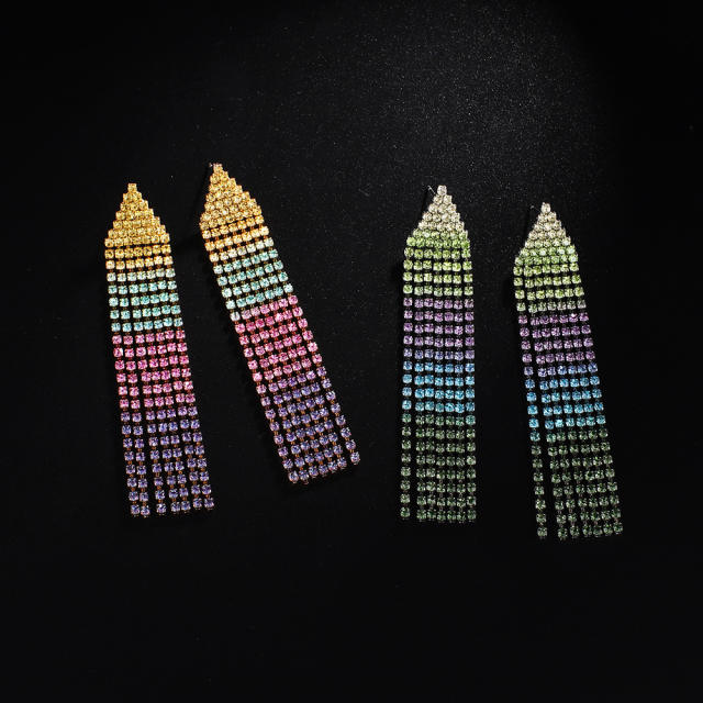 Super shiny colorful rhinestone tassel prom earrings