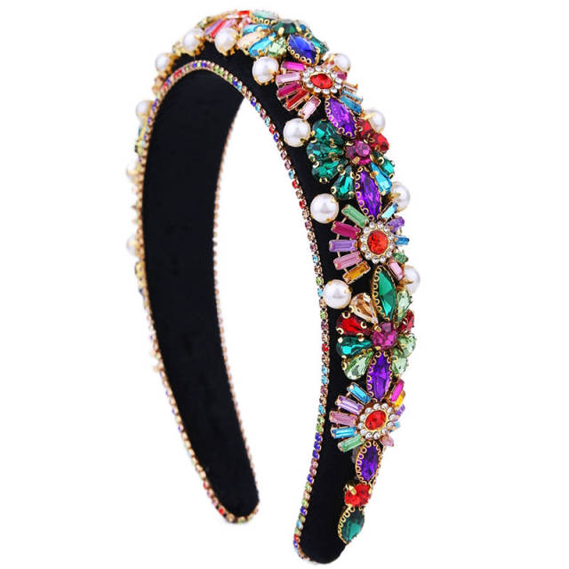 Baroque color glass crystal statement flower padded headband