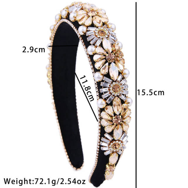 Baroque color glass crystal statement flower padded headband