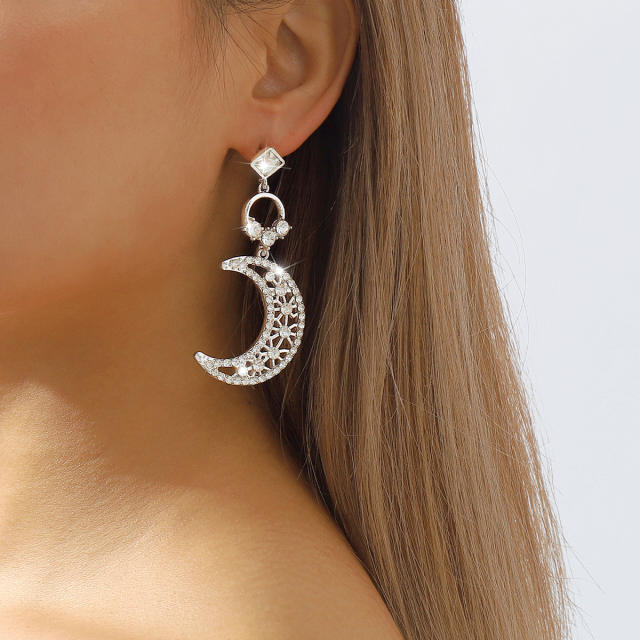 Delicate diamond moon dangle earrings