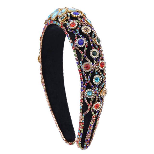 Baroque color glass crystal statement flower padded velvet headband