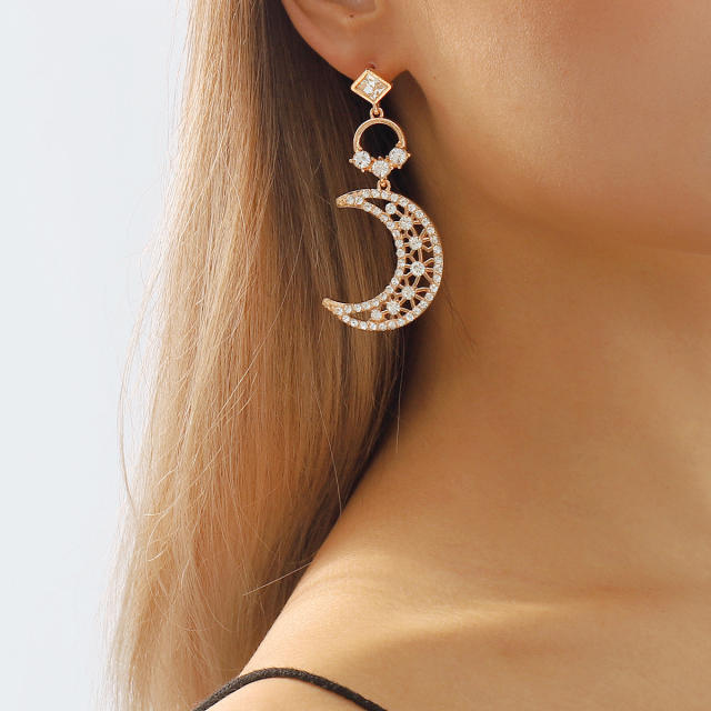Delicate diamond moon dangle earrings