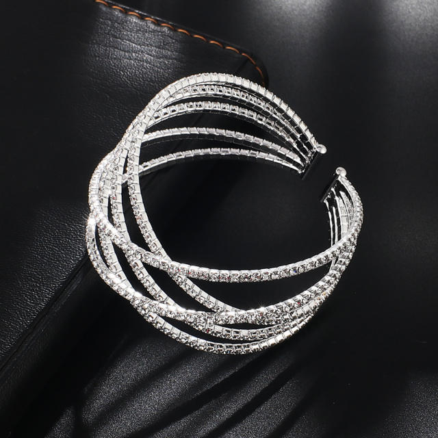 Personality 5 rows diamond cross design elastic cuff bangle bracelet
